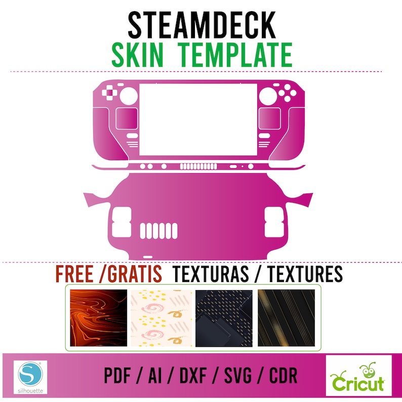 May include: A pink and white Steam Deck skin template with the text "STEAMDECK SKIN TEMPLATE" at the top and "FREE/GRATIS TEXTURAS / TEXTURES" below the template. The template is divided into four sections, each with a different texture: a red and orange swirl, a white and gold swirl, a black and gray geometric pattern, and a black and gold striped pattern. The text "PDF/AI/DXF/SVG/CDR" is at the bottom of the image.