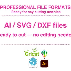 以下が含まれることがあります： ピンク色のテキストで「PROFESSIONAL FILE FORMATS」「Ready for any cutting machine」「AI / SVG / DXF files」「Ready to cut &mdash; no editing needed」と書かれたデジタル画像。下部にはCricut、Silhouette、Adobe Illustratorのロゴが表示されています。