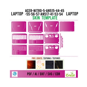 Puede incluir: Una plantilla de piel de portátil rosa y blanca para portátiles Acer Nitro 5. La plantilla incluye las áreas superior, inferior y del teclado. La plantilla está disponible en los formatos PDF, AI, DXF, SVG y CDR. Se incluyen texturas gratuitas.