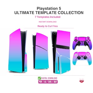 Puede incluir: Una colección de plantillas digitales para una consola Playstation 5 y dos mandos, con un diseño de skin en degradado de rosa a azul. El texto dice: Playstation 5 ULTIMATE TEMPLATE COLLECTION, 7 Templates Included, INSTANT DOWNLOAD, Ready to Cut Files.