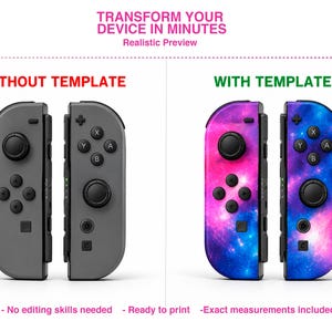 以下が含まれることがあります： 左側には「WITHOUT TEMPLATE」とラベル付けされた2つの灰色のゲームコントローラーが表示されています。右側には「WITH TEMPLATE」とラベル付けされた、ピンクと青の銀河模様のコントローラーが2つ表示されています。上部のテキストには「TRANSFORM YOUR DEVICE IN MINUTES」と書かれています。