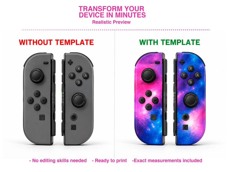 以下が含まれることがあります： 左側には「WITHOUT TEMPLATE」とラベル付けされた2つの灰色のゲームコントローラーが表示されています。右側には「WITH TEMPLATE」とラベル付けされた、ピンクと青の銀河模様のコントローラーが2つ表示されています。上部のテキストには「TRANSFORM YOUR DEVICE IN MINUTES」と書かれています。