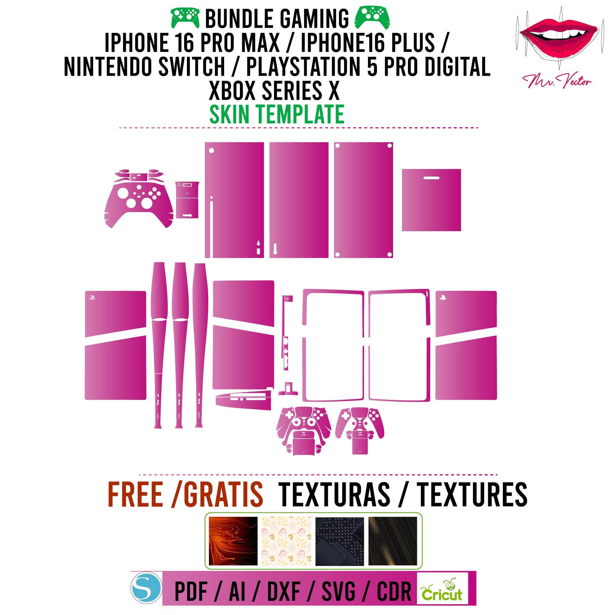 Bundle Digital Gaming iPhone 16 promax / plus, PS5 Pro Digital, Nintendo Switch 1 and Xbox Series X Skin Template Vector / Skin Template