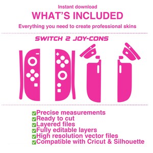 以下が含まれることがあります： ゲームコントローラー用スキンのデジタルテンプレート。Instant download WHAT'S INCLUDED Everything you need to create professional skins SWITCH 2 JOY-CONSというテキストが含まれています。ボタン付きのコントローラー2台の輪郭と緑色のチェックマークが描かれています。