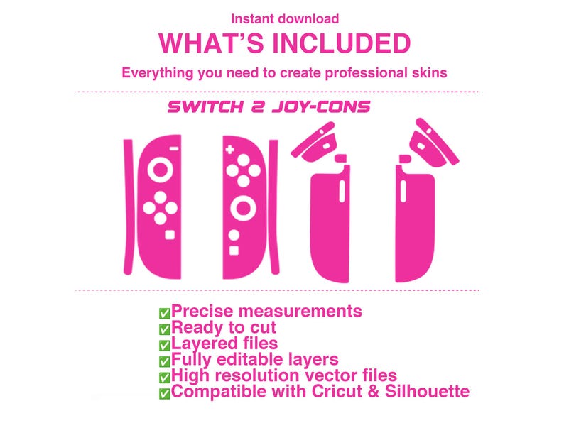 以下が含まれることがあります： ゲームコントローラー用スキンのデジタルテンプレート。Instant download WHAT'S INCLUDED Everything you need to create professional skins SWITCH 2 JOY-CONSというテキストが含まれています。ボタン付きのコントローラー2台の輪郭と緑色のチェックマークが描かれています。