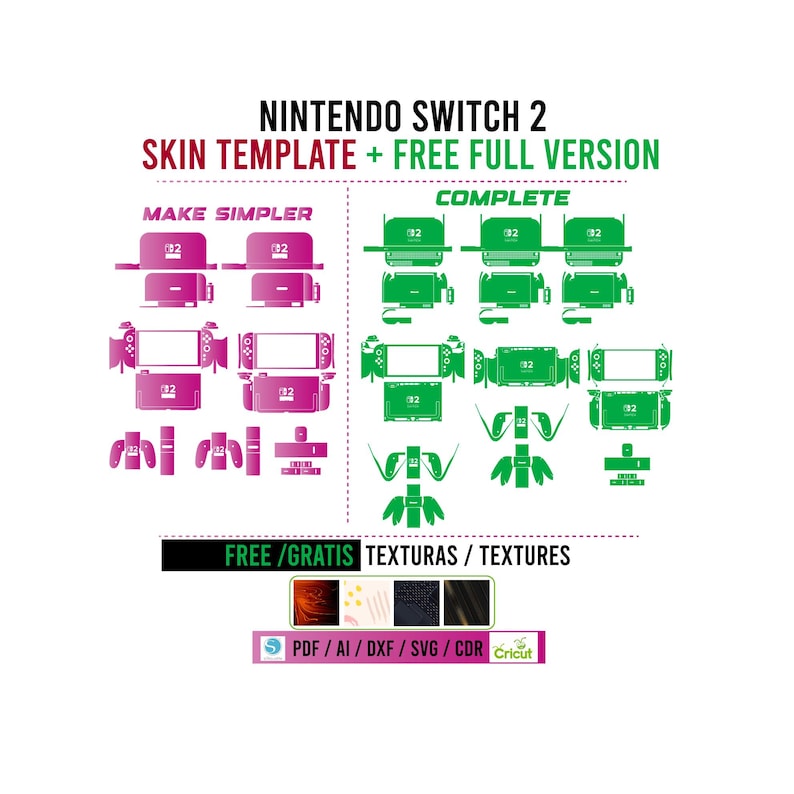 May include: A white graphic with text and illustrations for a Nintendo Switch 2 skin template. The text includes "NINTENDO SWITCH 2", "SKIN TEMPLATE + FREE FULL VERSION", "MAKE SIMPLER", and "COMPLETE". The image also shows various skin designs in pink and green.