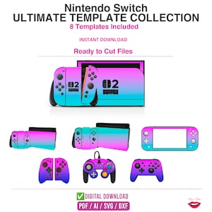 May include: Nintendo Switch Ultimate Template Collection with 8 templates for ready to cut files. Digital download in PDF, AI, SVG, and DXF formats. Features a pink and blue gradient skin design for the console, controllers, and handheld device.