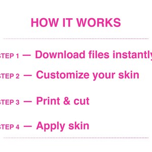 以下が含まれることがあります： 白い背景にピンクの文字でHOW IT WORKSと書かれた説明用グラフィック。4つのステップが記載されています：STEP 1 Download files instantly、STEP 2 Customize your skin、STEP 3 Print & cut、STEP 4 Apply skin。それぞれに対応するアイコンが付いています。