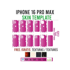 Puede incluir: Una plantilla de skin rosa para iPhone 16 Pro Max con múltiples recortes para los componentes del teléfono. La imagen incluye el texto "IPHONE 16 PRO MAX SKIN TEMPLATE" y "GRATIS TEXTURAS". El diseño es compatible con máquinas Cricut.