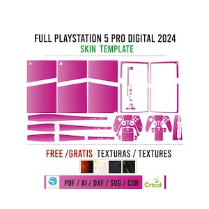 Puede incluir: Una plantilla de piel rosa y blanca para PlayStation 5 Pro Digital 2024. La plantilla incluye la consola, el mando y otras partes. El texto "FREE/GRATIS TEXTURAS/TEXTURES" está en la parte inferior de la imagen. El texto "PDF/AI/DXF/SVG/CDR Cricut" está en la parte inferior de la imagen.