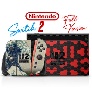 May include: Nintendo Switch 2 console with a red and black hexagonal pattern on the back. The Joy-Con controllers feature a wave design and a beige and red color scheme. The text "Switch 2" and "Full Version" are visible.