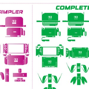 May include: Diagrams of a gaming console skin in pink and green. The pink diagram is labeled "Simpler" and the green diagram is labeled "Complete". The diagrams show the console and its components, including the screen, controllers, and dock.