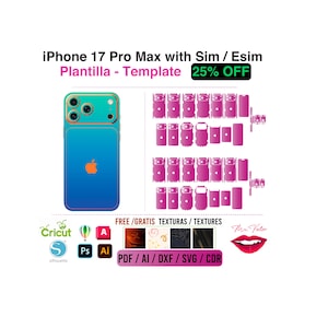 Puede incluir: Una plantilla de iPhone 17 Pro Max con Sim/Esim, con un diseño azul y turquesa. La imagen incluye el texto "Plantilla - Template" y "25% OFF". También hay gráficos y texto adicionales, incluyendo "FREE/GRATIS TEXTURAS/TEXTURES".