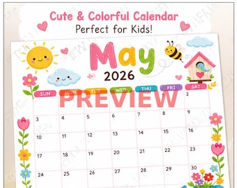2026年5月 幼稚園カレンダー | 動物、子供向けプランナー（デジタルダウンロード）