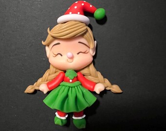 クリスマス - エルフ - リボン - クレイセンター粘土人形、リボンセンターピース、クラフト用クレイセンター、棚の上のエルフ