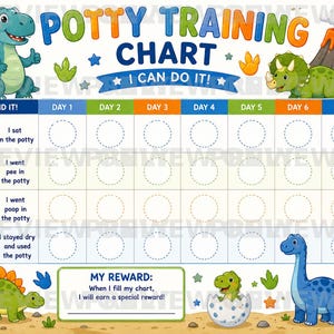 May include: A potty training chart featuring colorful dinosaur illustrations, a volcano, and a grid for seven days. The chart includes text such as POTTY TRAINING CHART, I CAN DO IT!, I DID IT!, and MY REWARD: When I fill my chart, I will earn a special reward!