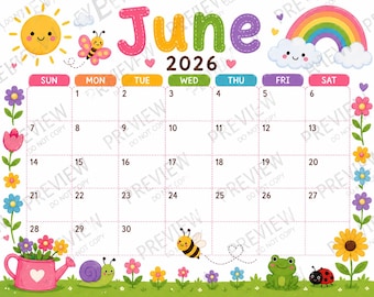 2026年6月 幼稚園カレンダー | 動物、子供向けプランナー（デジタルダウンロード）