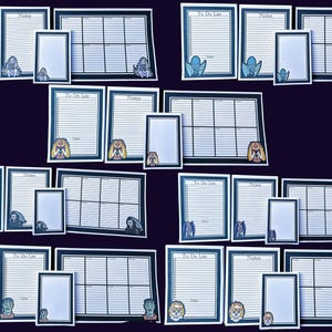 May include: A set of printable Halloween-themed to-do lists and notepads. The designs feature various Halloween characters, including ghosts, witches, and pumpkins. The papers are black and white with a blue border.
