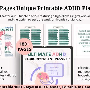 Planificador digital para TDAH (creado por un paciente con TDAH) para iPad, Goodnotes y Android. Planificador diario para adultos con TDAH, seguimiento de hábitos y cuidado personal. Basado en la ciencia