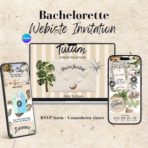 May include: A digital bachelorette website invitation displayed on a laptop and two smartphones. The screens feature beige striped backgrounds, tropical palm leaf graphics, a coconut, and text including Tulum before the Groom.
