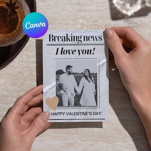 Bearbeitbare Canva Valentinstagskarte, Paar Foto Valentinstag Karte, Erster Jahrestag zusammen Geschenk, fügen Sie Ihre eigene Fotokarte Vorlage, Canva Karte hinzu