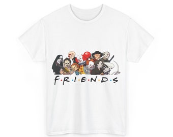 May include: White t-shirt with a graphic of horror movie characters and the text "FRIENDS" with colorful dots.