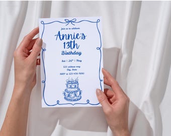 Blue Bow Birthday Invitation for Teen Girl Minimal Cake Sketch Invite Editable Digital Download