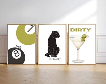 Retro Martini, Pool Ball, Black Panther Poster Set (Digital Download)