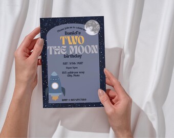 Two The Moon Birthday Invitation | Space Theme Girls 2nd Birthday (Digital Download)