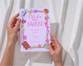 Two Sweet Birthday Invite Girls Party Digital Invitation Candy Theme Editable