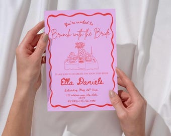Pink Floral Bridal Brunch Invitation with Red Accents (Printable Editable Template)