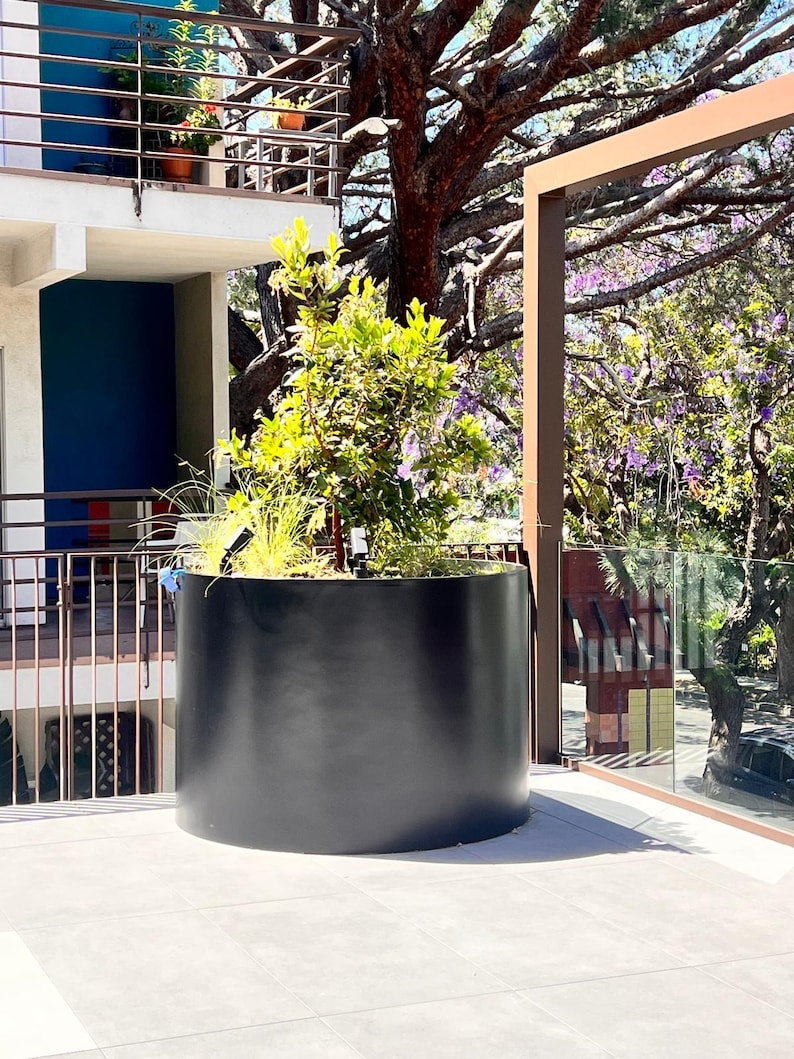 Large Round Cylinder Fiberglass Planter - Modern Outdoor Commercial ...