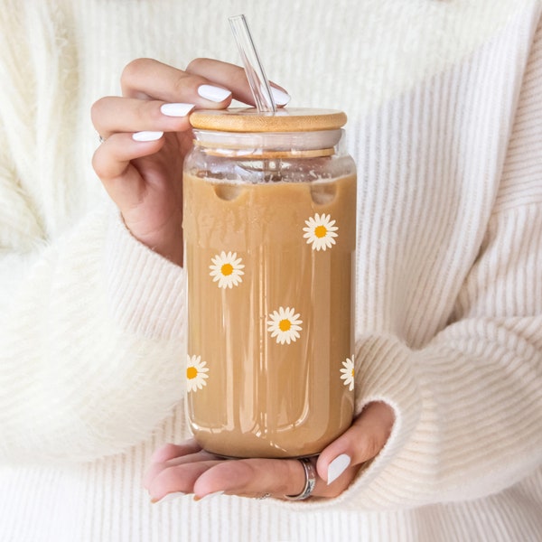 Daisy flower glass jar with lid and straw, iced coffee cup with lid and straw, 16oz, custom design, glass tumbler, gift idea