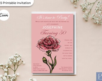 May include: Pink invitation card with a floral design and the text "It's time to Party!"  While our nightclub days may be behind us, let's celebrate Josephine turning 50.  Please join me for drinks and nibbles to celebrate all the good times we've shared over the years.  Saturday, 27th August at 8pm. RSVP 20th August Angela 0400 000 000. The Grand Hotel 333 Burnley Street Richmond 3121.