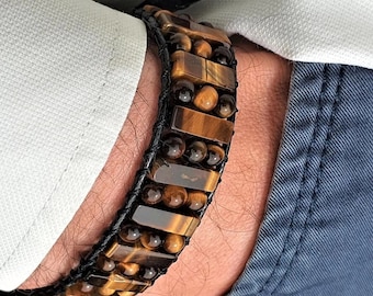 Tijgeroog natuursteen, leren verstelbare handgemaakte armband