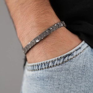 Handcrafted Men Hematite Stone Bracelet, Minimalist Design Bracelet, Positive Energy  Healing Jewelry