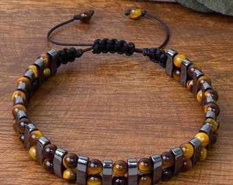 Handgemaakte tijgeroog- en hematietarmband: geaarde elegantie, genezende sieraden, beste jubileumcadeau, herenaccessoires