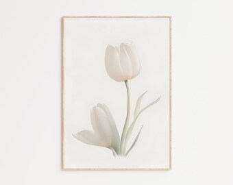 Arte de pared minimalista con tulipanes rosas vintage, lámina botánica de flores silvestres, decoración de pared en tonos neutros, decoración orgánica para el hogar.