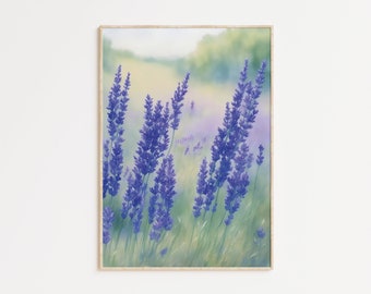 Lavender Wildflowers Field Watercolor Printable Wall Art, Nature Landscape Botanical Print, Farmhouse Wall Prints, Organic Home Decor