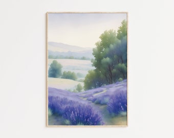 Lavender Wildflowers Field Watercolor Printable Wall Art, Nature Landscape Botanical Print, Farmhouse Wall Prints, Organic Home Decor