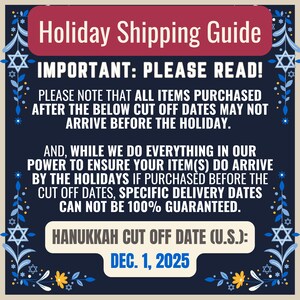 The image is a holiday shipping guide with a red banner at the top and a blue background with a floral border. The text provides information about holiday shipping and delivery dates, including a Hanukkah cut-off date.