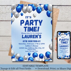 Editable Birthday Invitation, Balloon Birthday Invite, Digital Birthday Template, Editable Printable Template, Instant Download