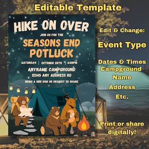 Editable Campground Potluck, Potluck Invite, Editable Template, Campground template, Campground Activities, Campground Life, Editable Invite