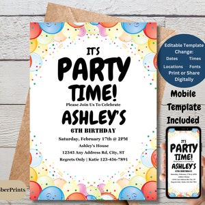 Editable Birthday Invitation, Balloon Birthday Invite, Digital Birthday Template, Editable Printable Template, Instant Download