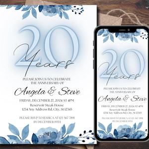 Elegant Blue Floral 20th Anniversary Invitation: Printable, Editable DIY Template for Wedding & Vow Renewal