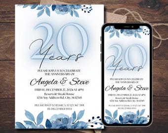 Elegant Blue Floral 20th Anniversary Invitation: Printable, Editable DIY Template for Wedding & Vow Renewal