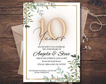 10th Anniversary Invite Printable, 10th Wedding Anniversary Invitation, Editable Template, Floral Anniversary Invitation Template, DIY Canva