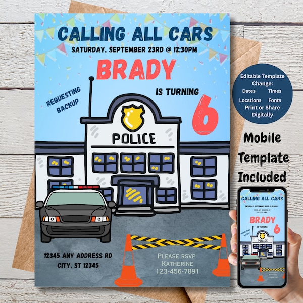 Editable Police Invitation, Police Birthday Invitation, Instant Download Invitation, Cop Car Party, Editable Birthday Invitation, Canva