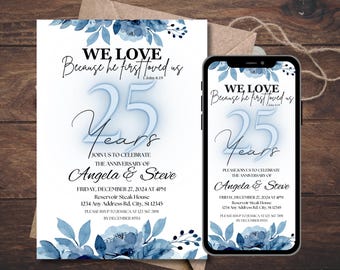 25th Anniversary Invite Printable, 25th Wedding Anniversary Invitation, Editable Template, Blue Floral, Christian Anniversary, 1 John 4:19