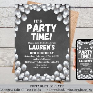 Editable Birthday Invitation, Balloon Birthday Invite, Digital Birthday Template, Editable Printable Template, Instant Download